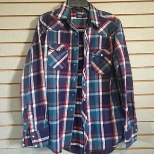 Wrangler Mens Plaid Western Shirt 16 1/2-36 Regular‎ Fit Long Sleeve Cowboy